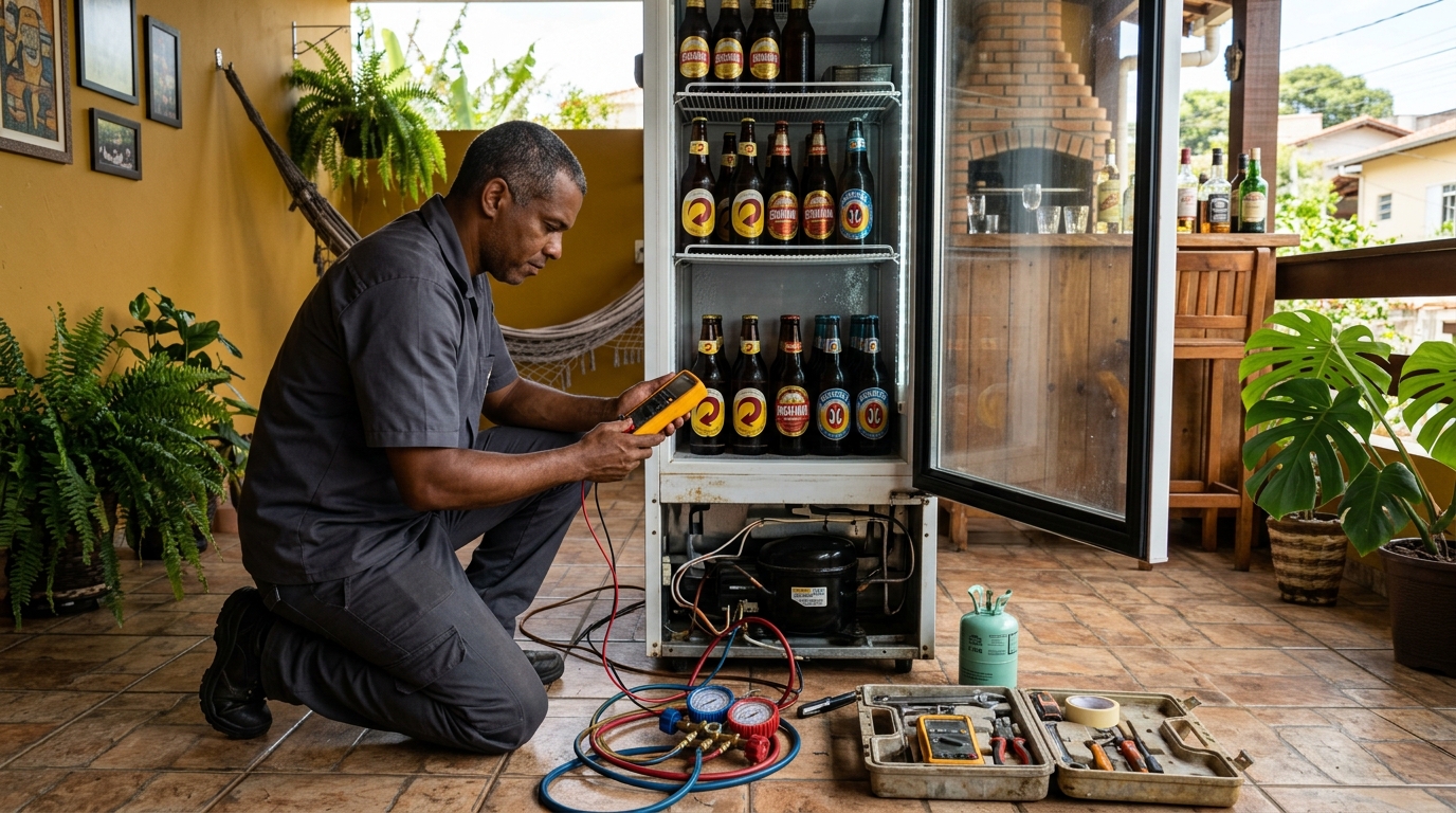 Placa eletrônica de cervejeira em reparo na bancada em Cascavel‑PR