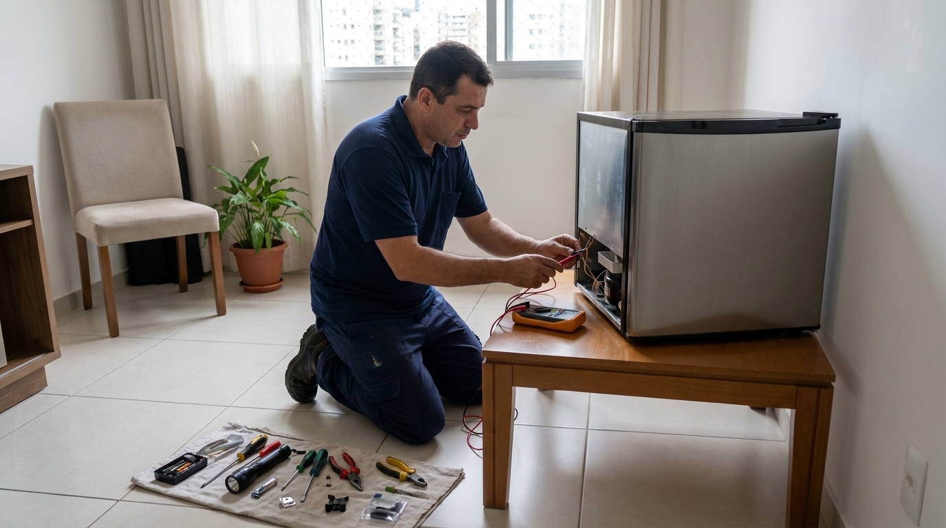 Técnico revisando o motor de um frigobar em Cascavel‑PR
