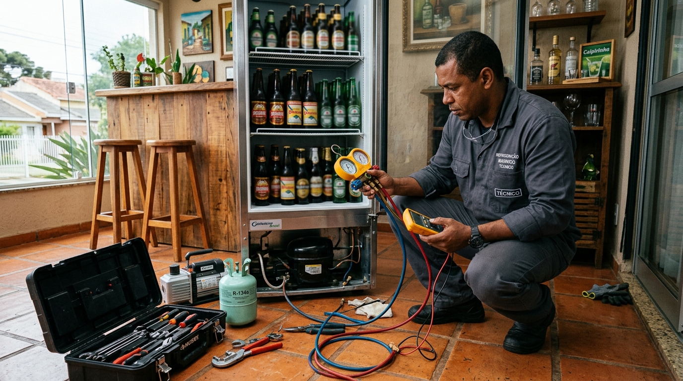 Técnico conferindo a temperatura de uma cervejeira durante atendimento em Cascavel‑PR