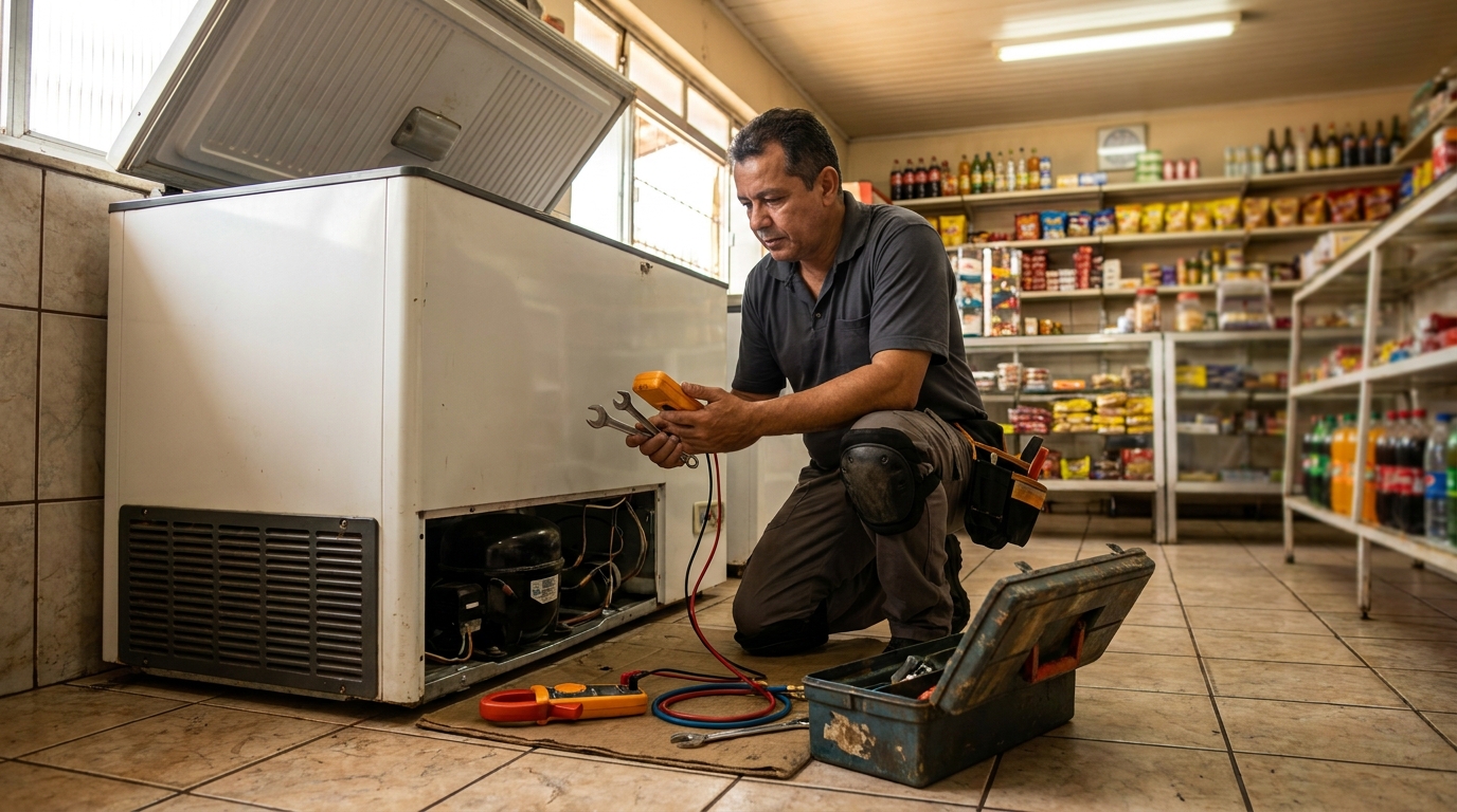 Técnico avaliando um freezer vertical durante atendimento em Cascavel‑PR
